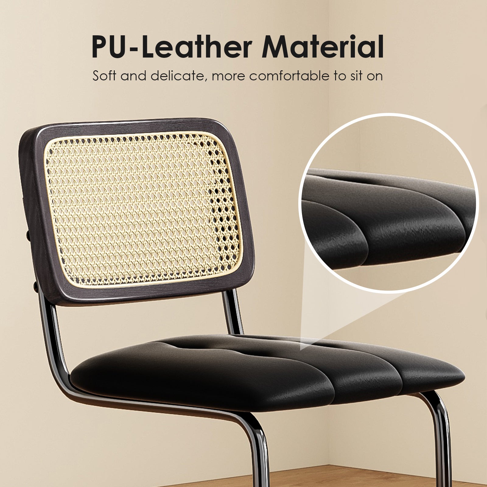 Set of 2 Black Bar Stools - PU Leather Rattan Dining Chairs