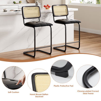 Set of 2 Black Bar Stools - PU Leather Rattan Dining Chairs