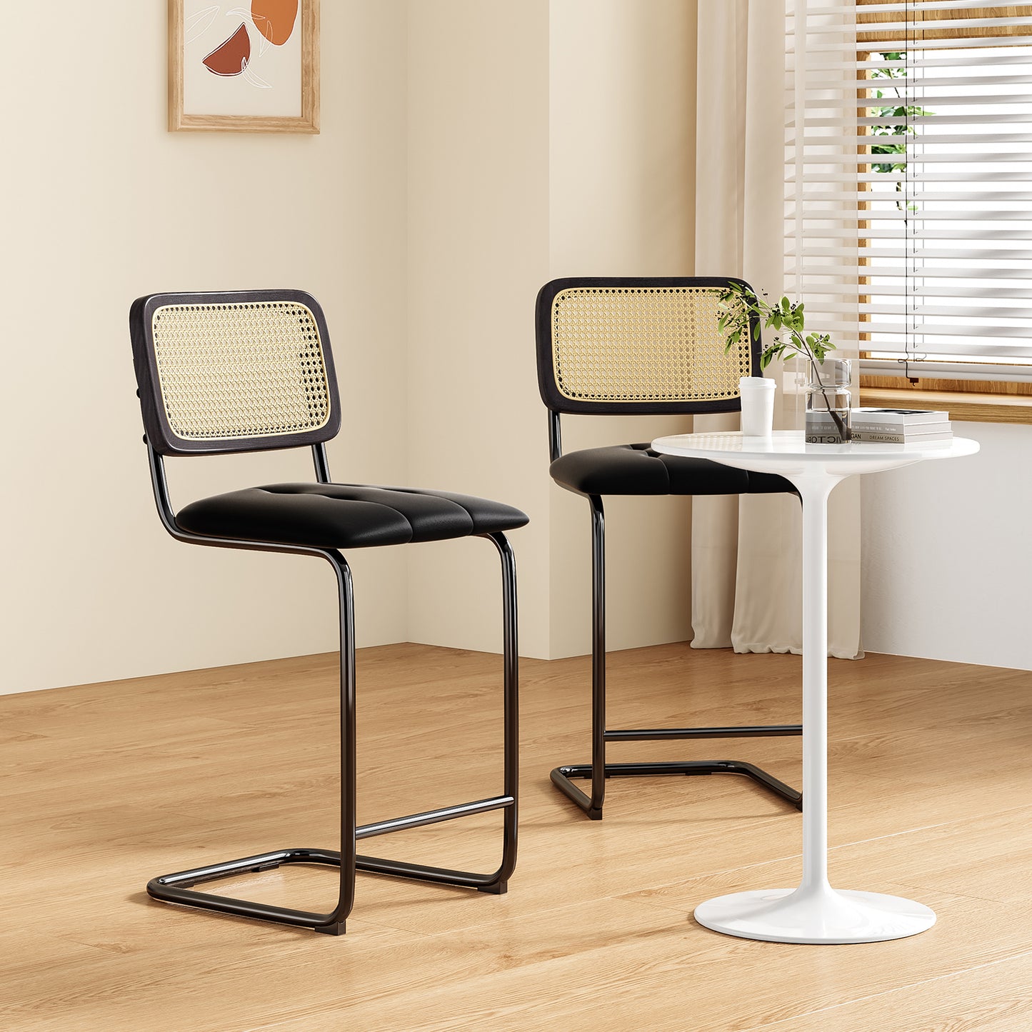 Set of 2 Black Bar Stools - PU Leather Rattan Dining Chairs