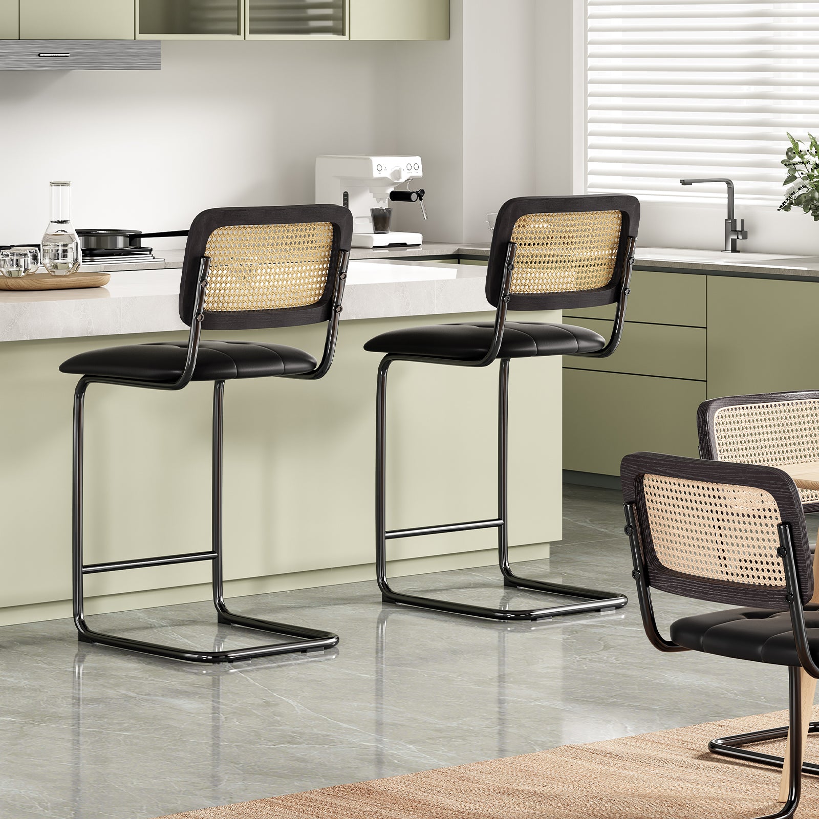 Set of 2 Black Bar Stools - PU Leather Rattan Dining Chairs