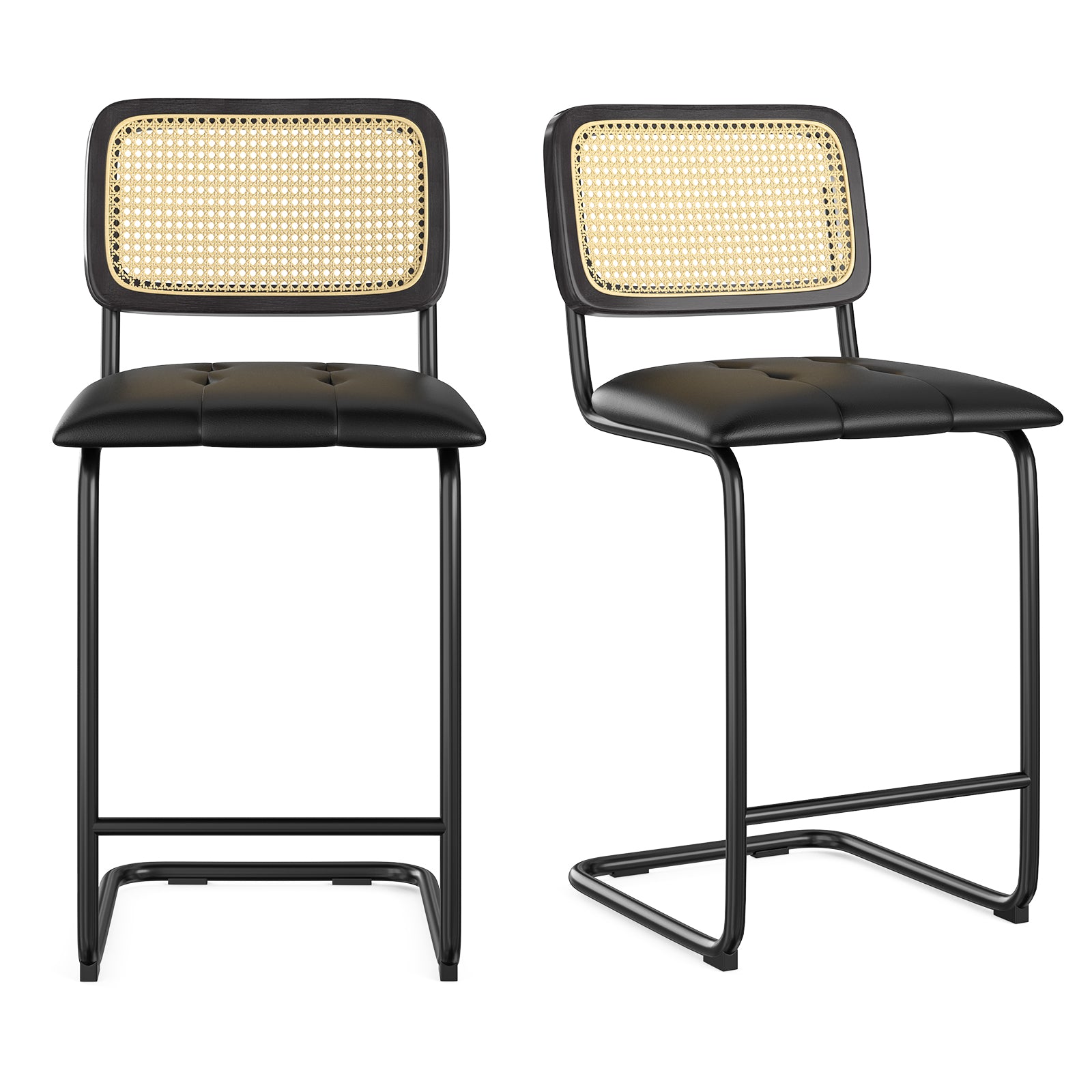 Counter Height Bar Stools Set of 2, Upholstered PU Leather Barstools with Rattan Back, 26 inch Stools Armless Bar Chairs for Kitchen Island, Black