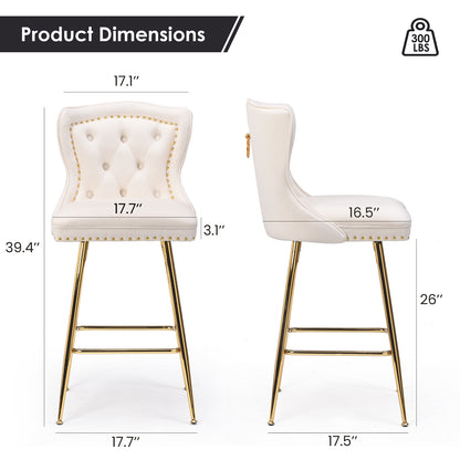 Velvet Bar Stools Set of 2 - Beige Counter Height Dining Chairs