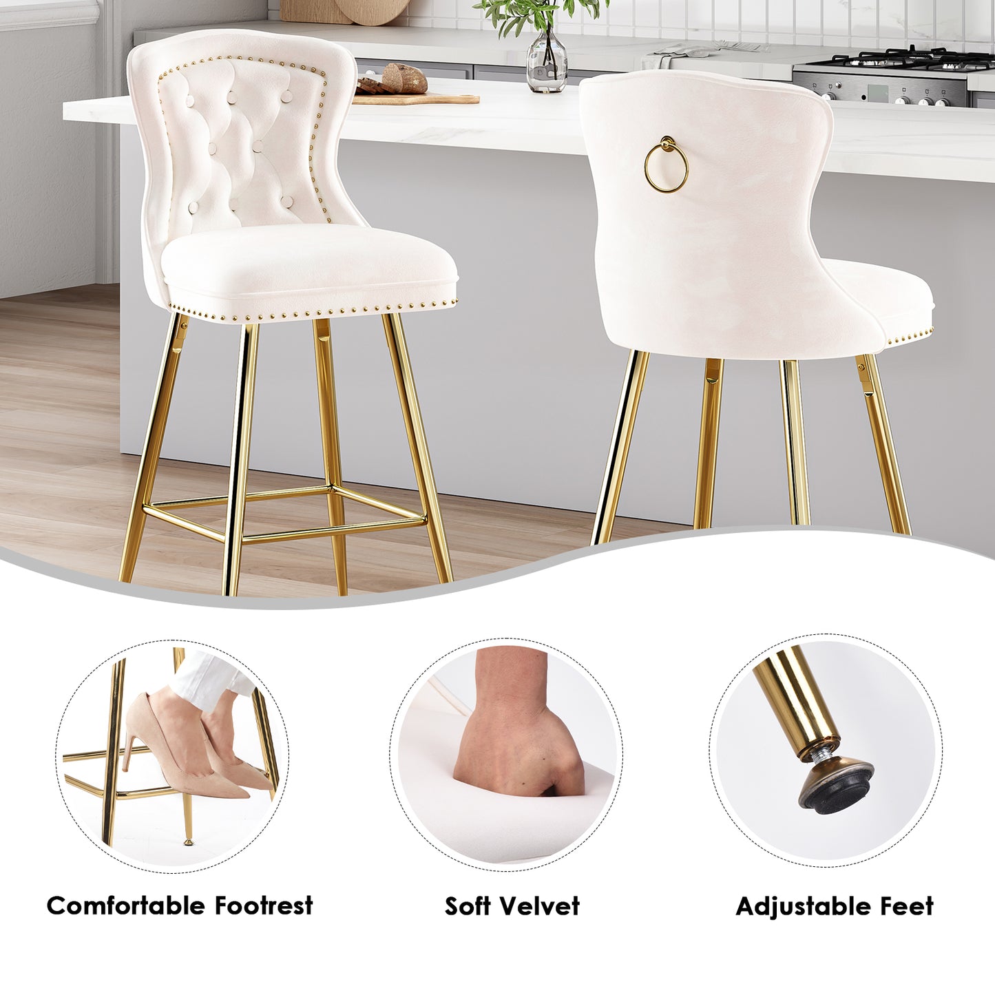 Velvet Bar Stools Set of 2 - Beige Counter Height Dining Chairs