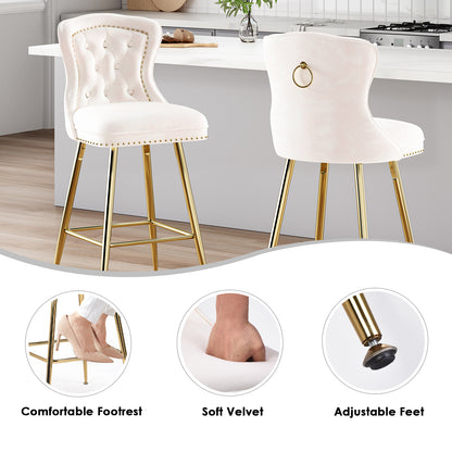 Velvet Bar Stools Set of 2 - Beige Counter Height Dining Chairs