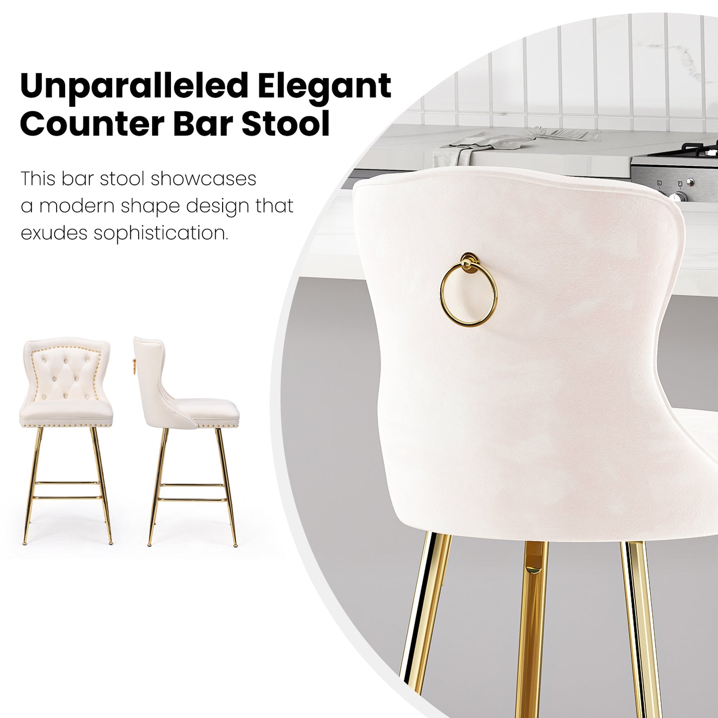 Velvet Bar Stools Set of 2 - Beige Counter Height Dining Chairs