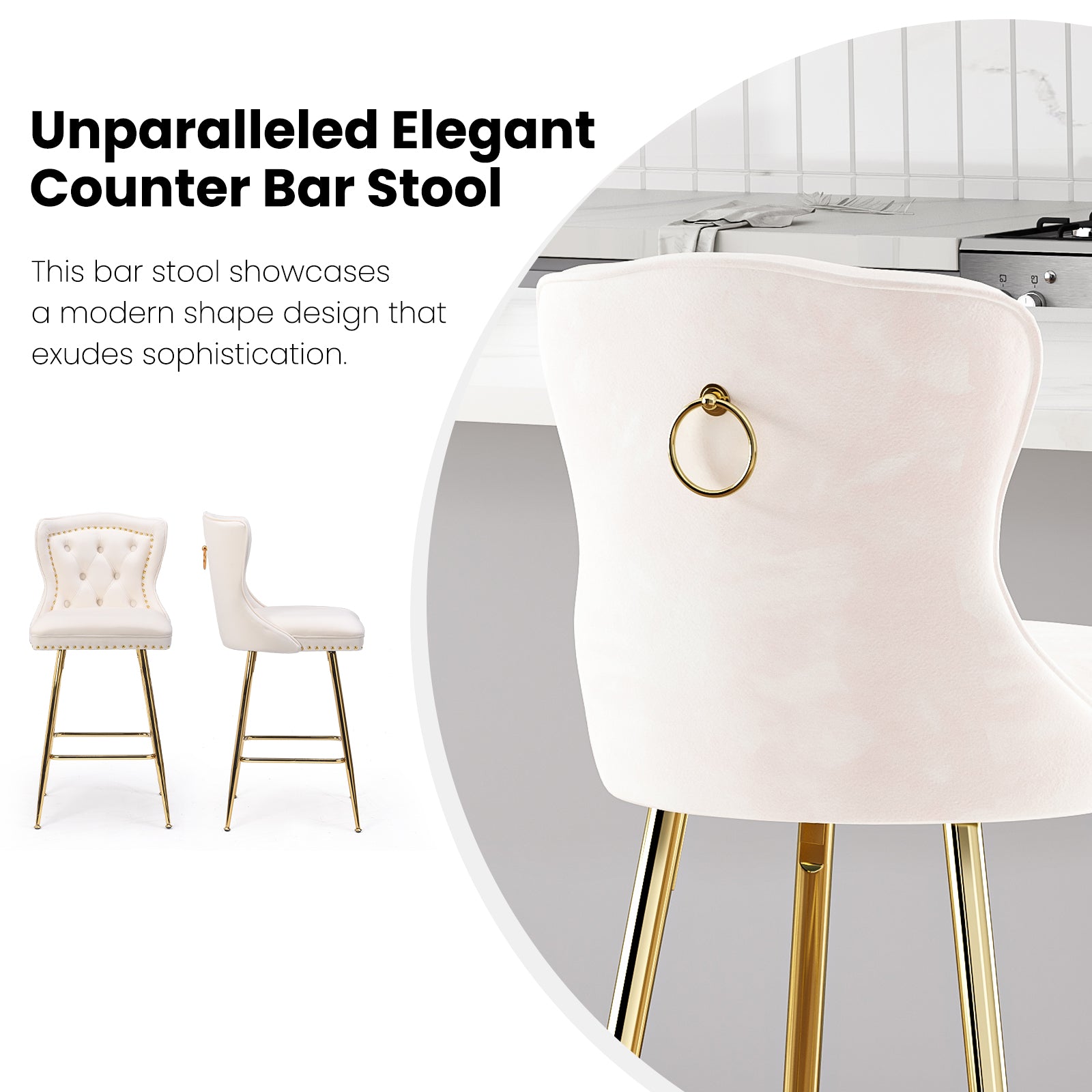 Velvet Bar Stools Set of 2 - Beige Counter Height Dining Chairs