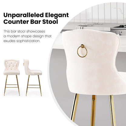 Velvet Bar Stools Set of 2 - Beige Counter Height Dining Chairs