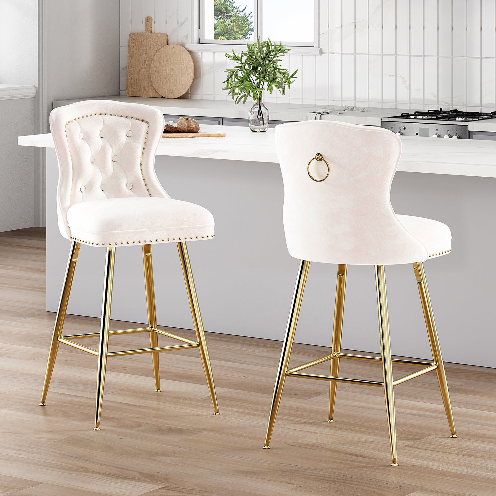 Velvet Bar Stools Set of 2 - Beige Counter Height Dining Chairs