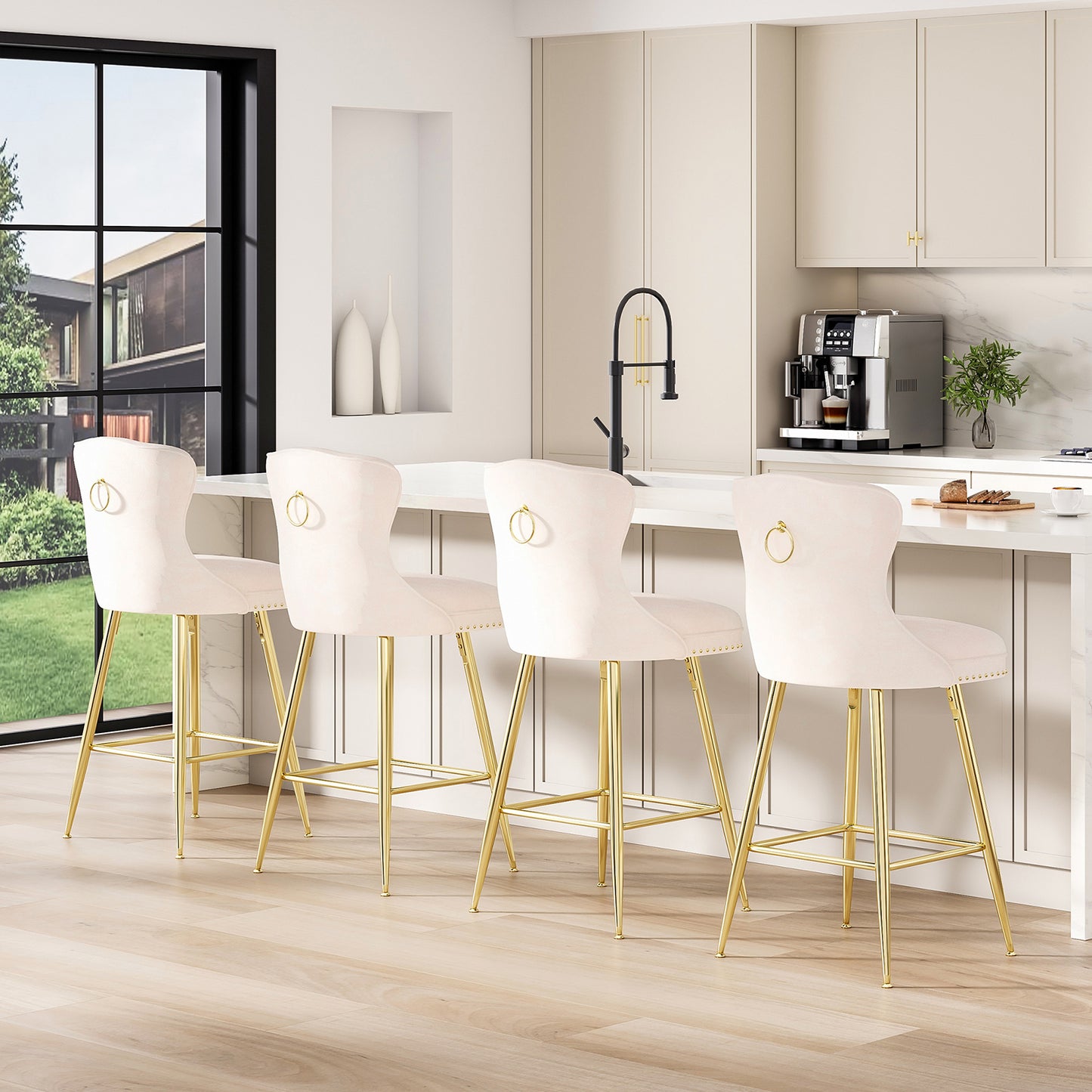 Velvet Bar Stools Set of 2 - Beige Counter Height Dining Chairs