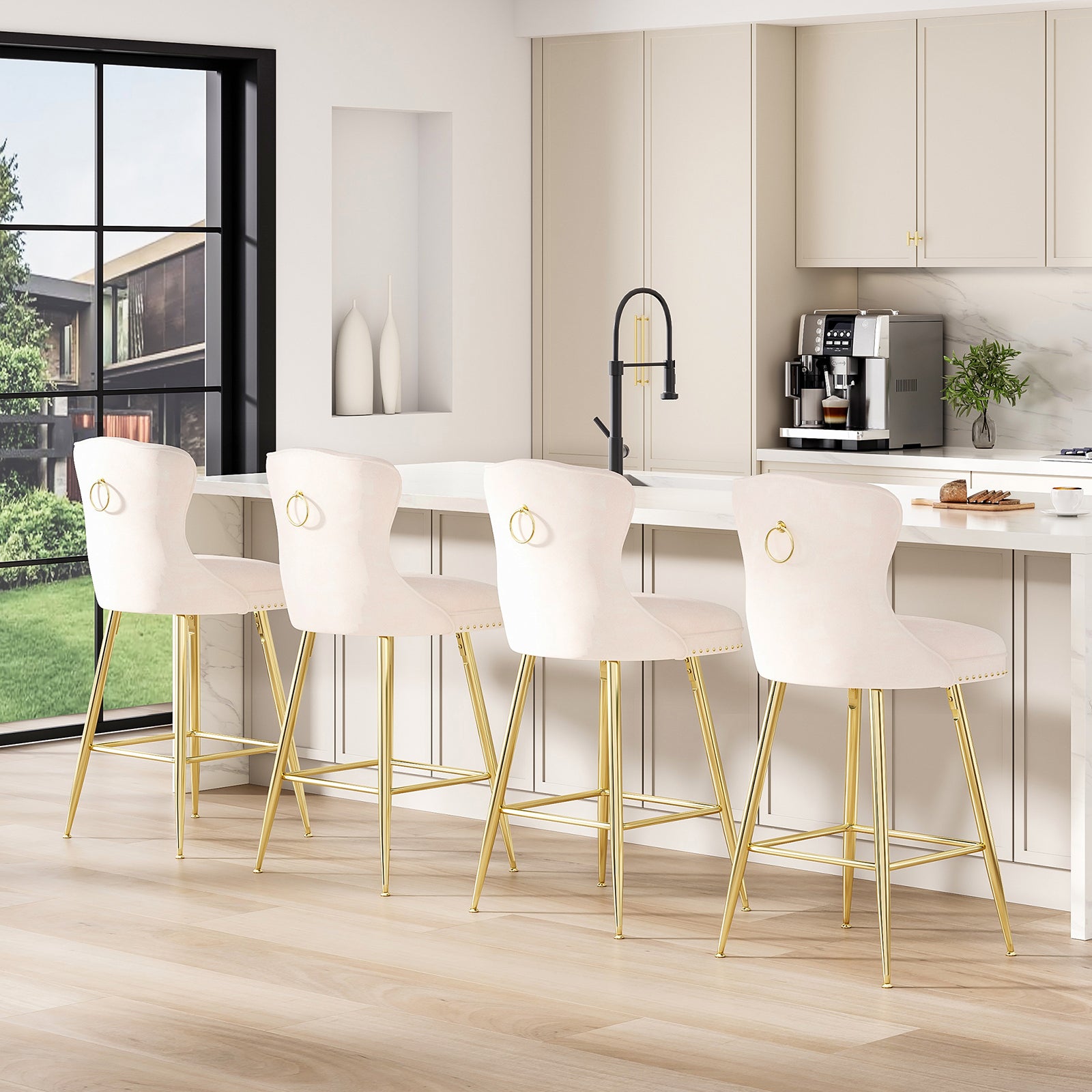 Velvet Bar Stools Set of 2 - Beige Counter Height Dining Chairs