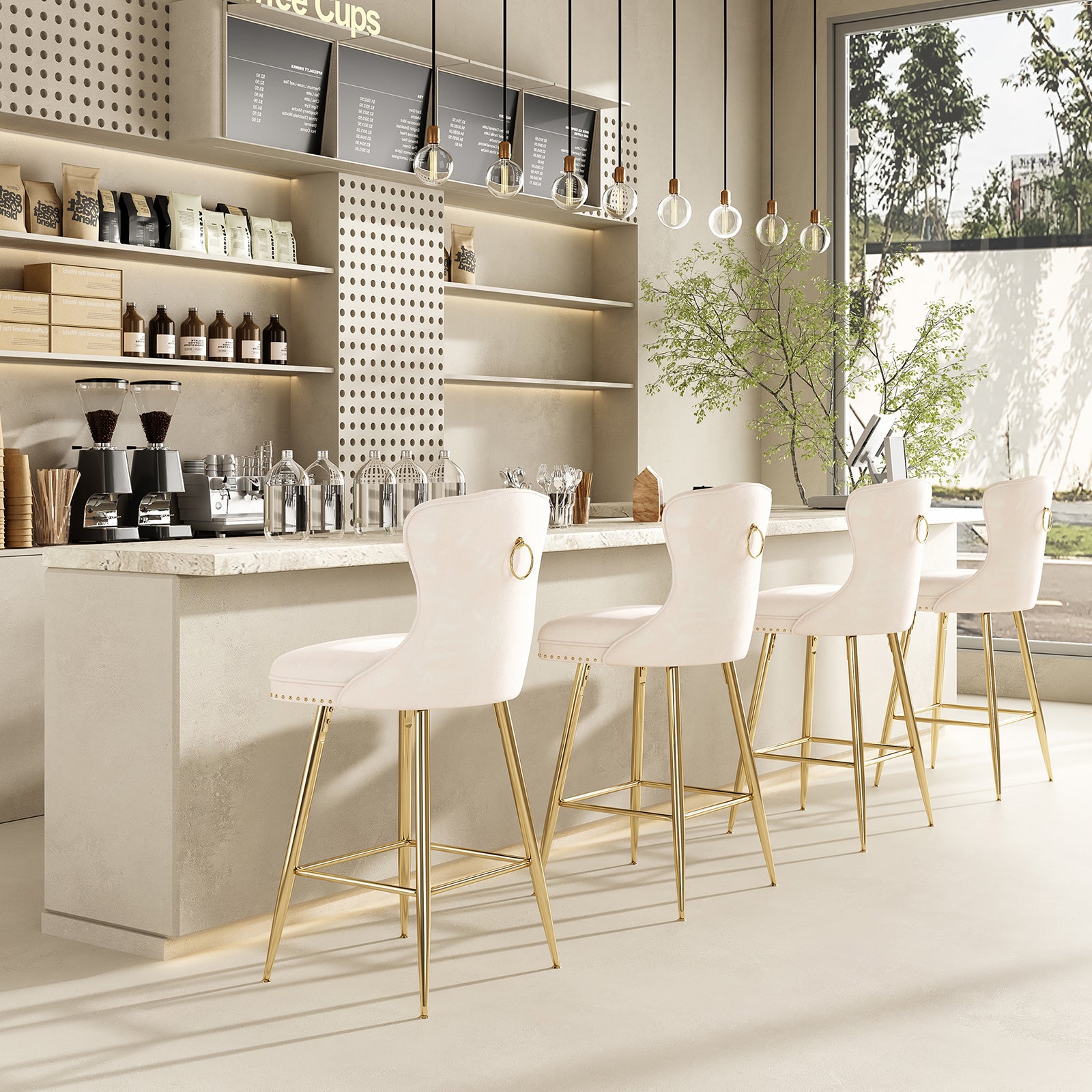 Velvet Bar Stools Set of 2 - Beige Counter Height Dining Chairs