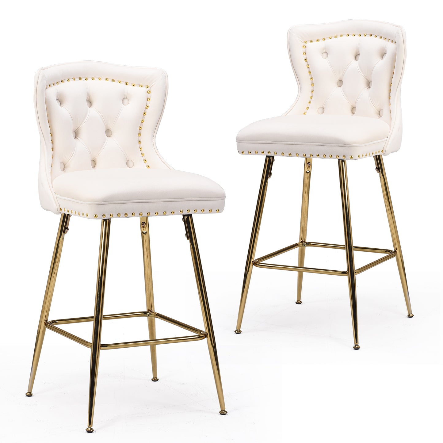 Bar Stools Set of 2, Velvet Counter Height Bar Stools with Metal Legs, Button Tufted and Nailheads Trim, Wing-Back Bar Chairs for Kitchen Island Dining Room Pub, Beige