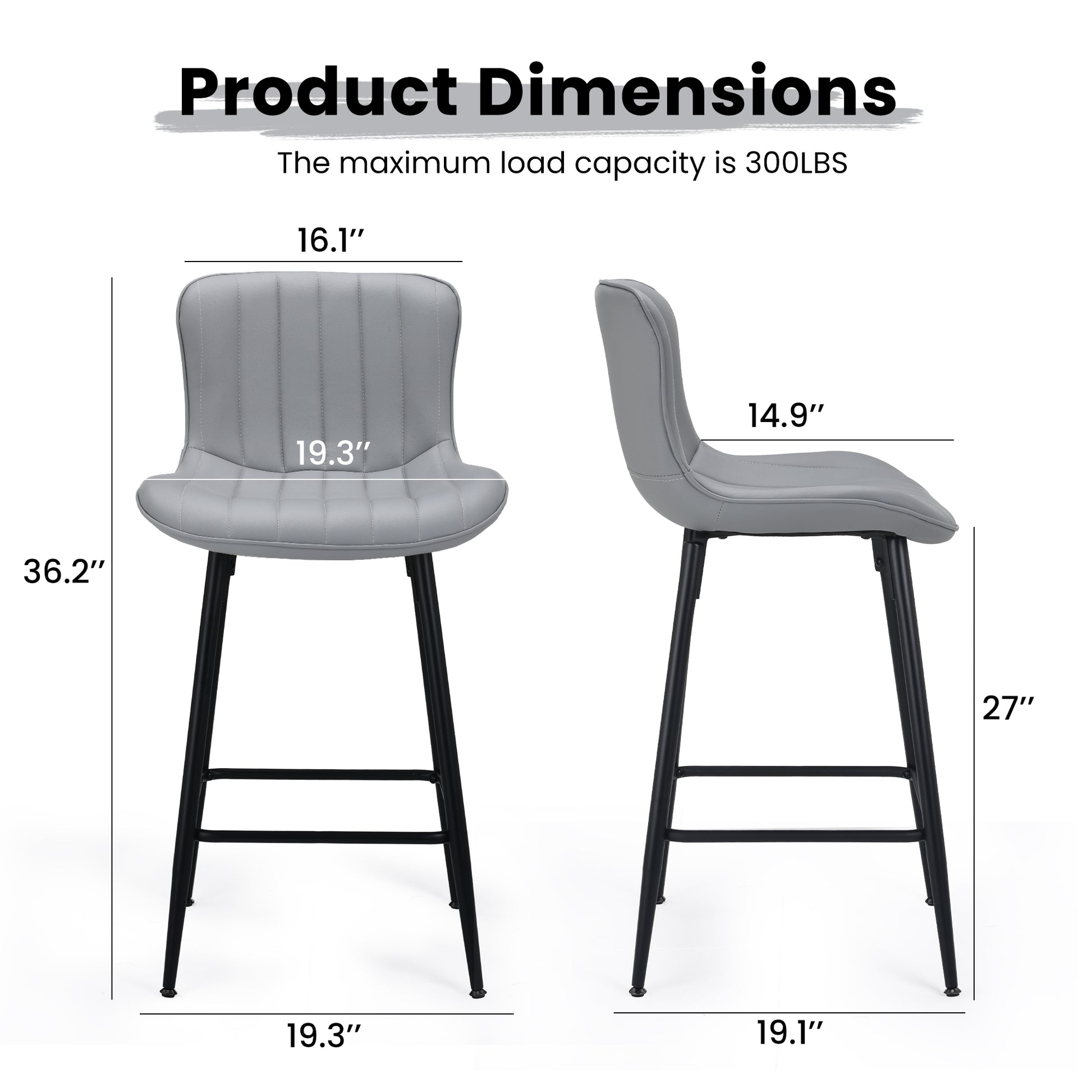 Set of 2 Gray Faux Leather Counter Stools - Modern Dining Chairs
