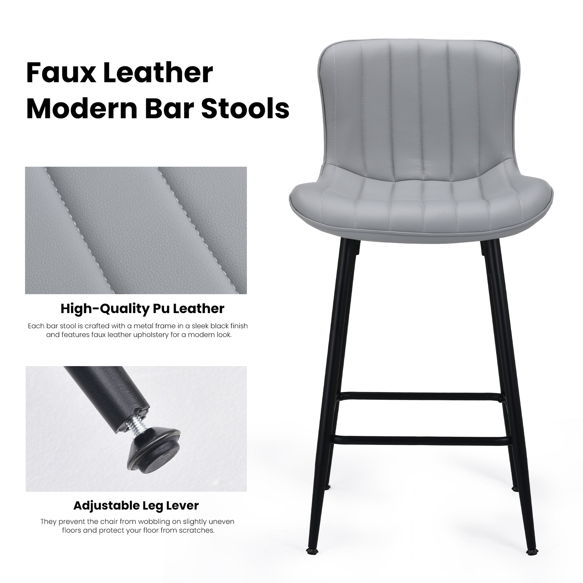 Set of 2 Gray Faux Leather Counter Stools - Modern Dining Chairs