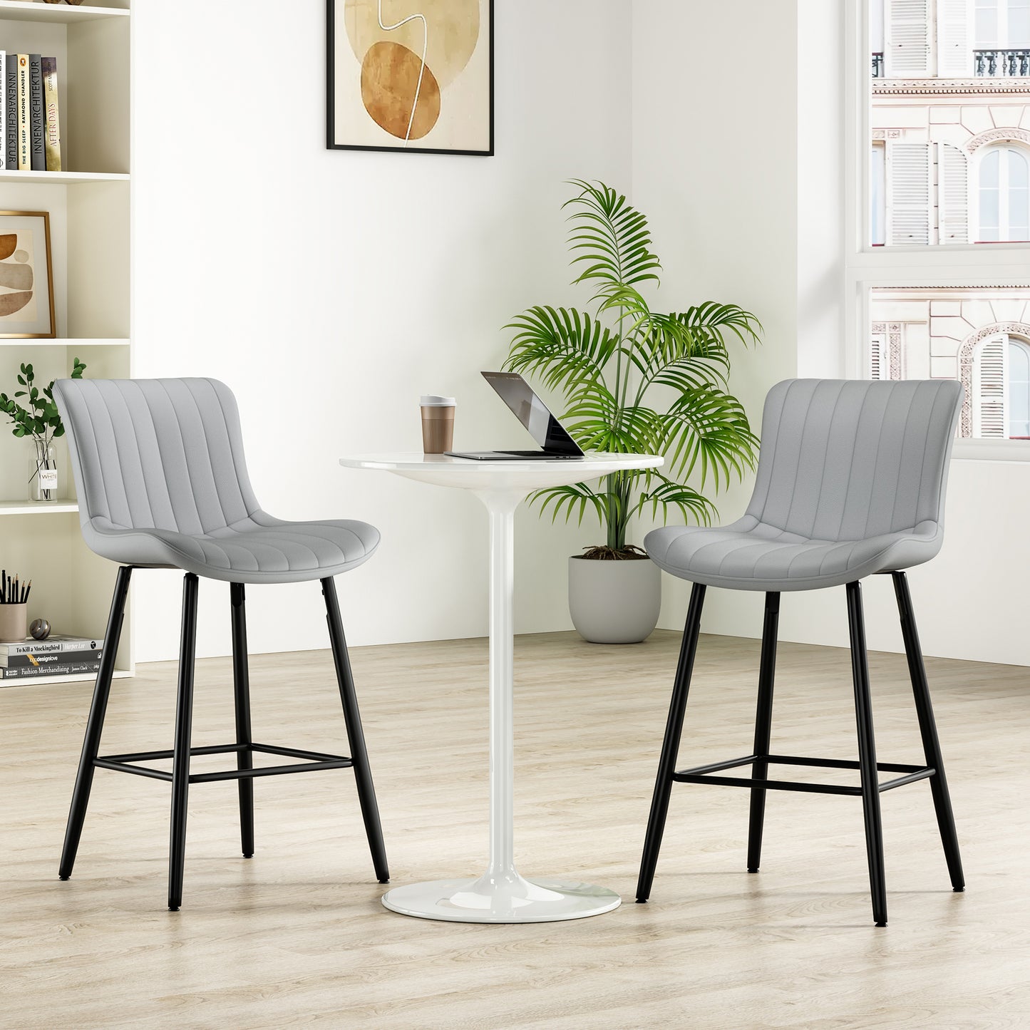 Set of 2 Gray Faux Leather Counter Stools - Modern Dining Chairs