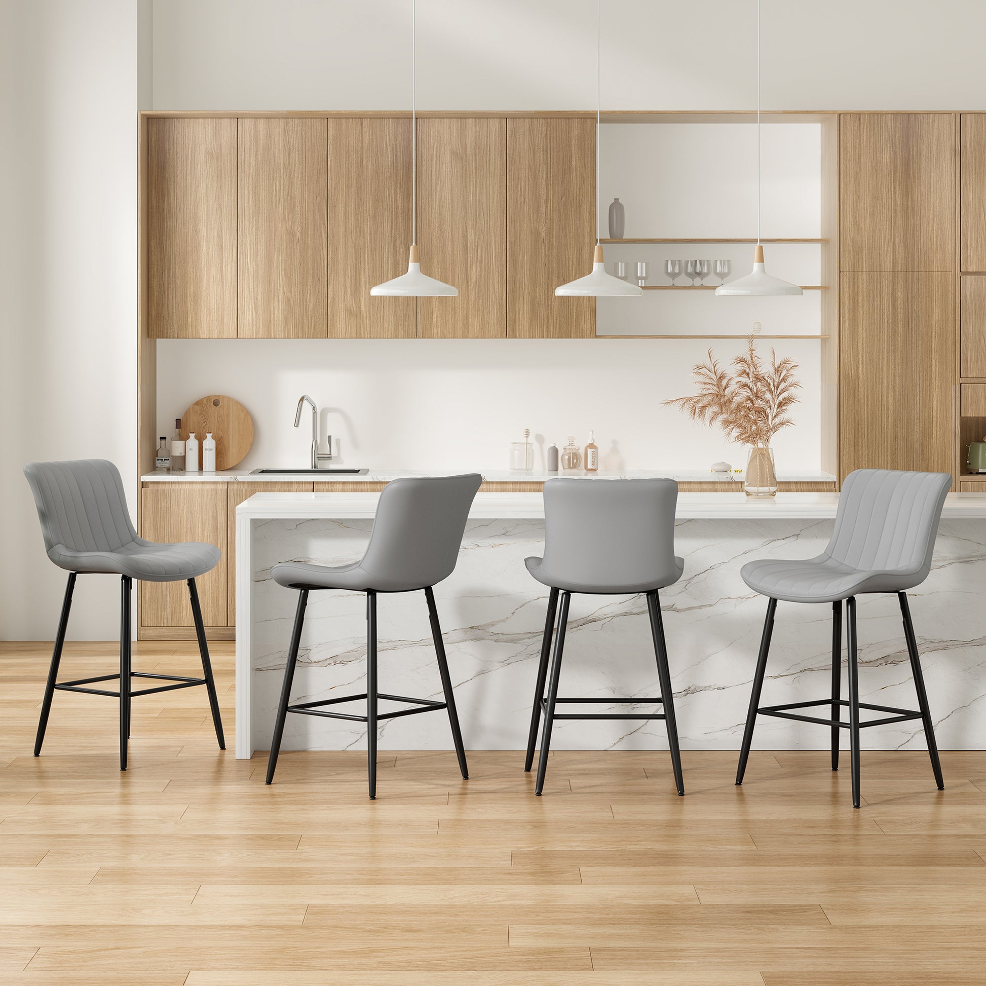 Set of 2 Gray Faux Leather Counter Stools - Modern Dining Chairs