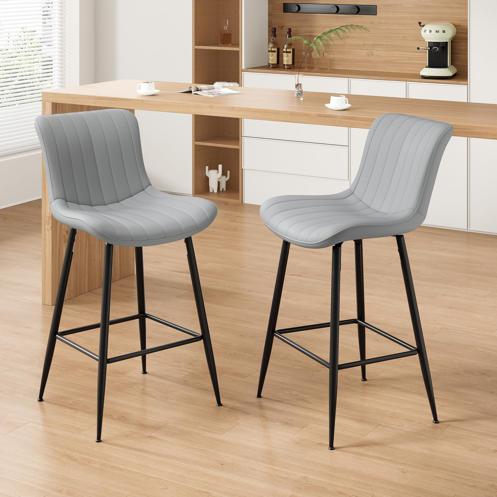 Counter Stools Set of 2, Faux Leather Kitchen & Dining Room Chairs for Dining Room, Counter Height Bar Stools,Mid Century Modern Dining Table Chairs with Metal Legs, Gray