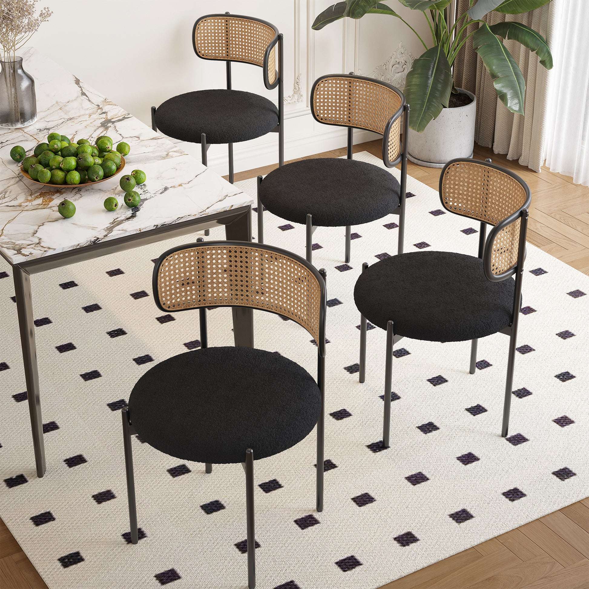 Modern Black Dining Chairs Set of 2 - Rattan Back Accent Chairs