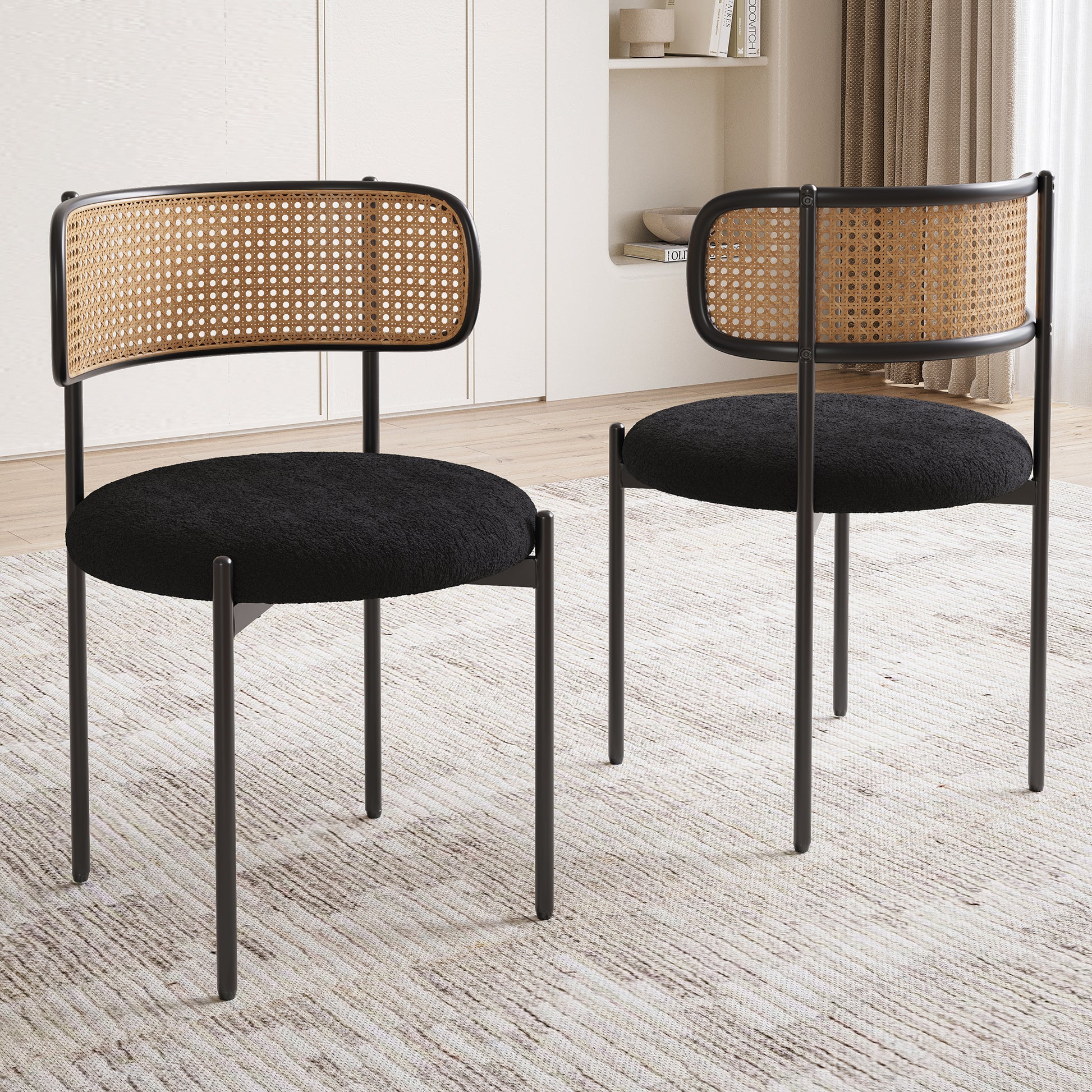 Modern Black Dining Chairs Set of 2 - Rattan Back Accent Chairs