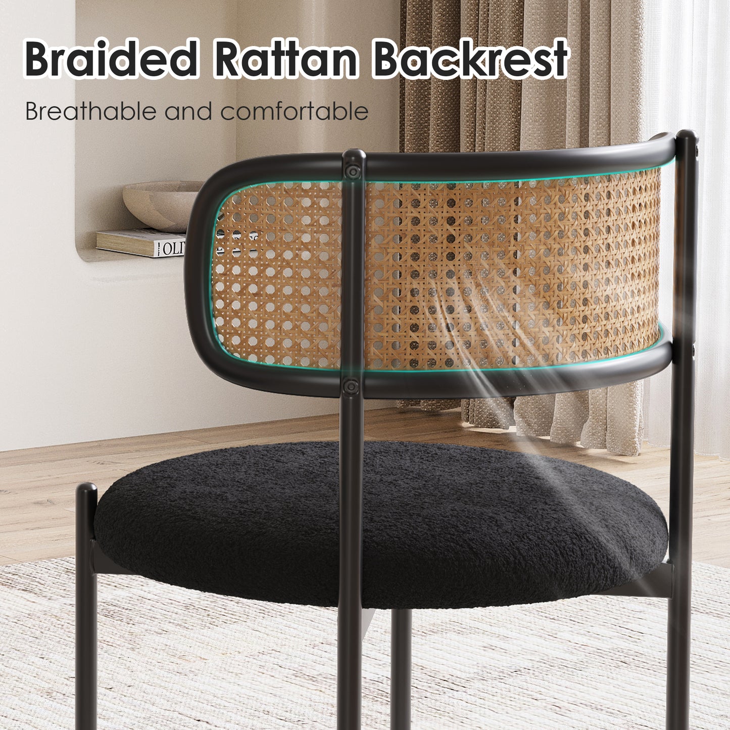 Modern Black Dining Chairs Set of 2 - Rattan Back Accent Chairs