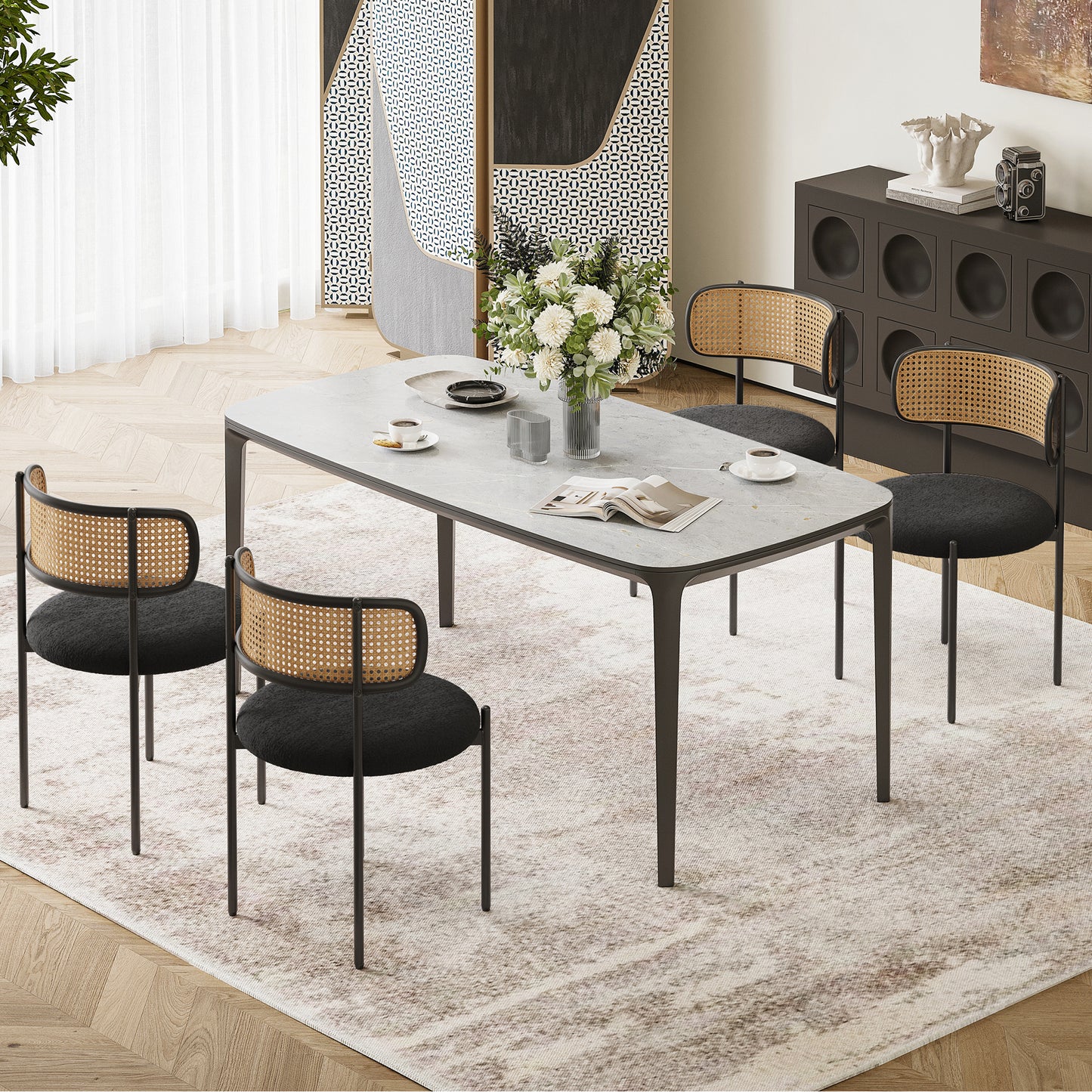 Modern Black Dining Chairs Set of 2 - Rattan Back Accent Chairs