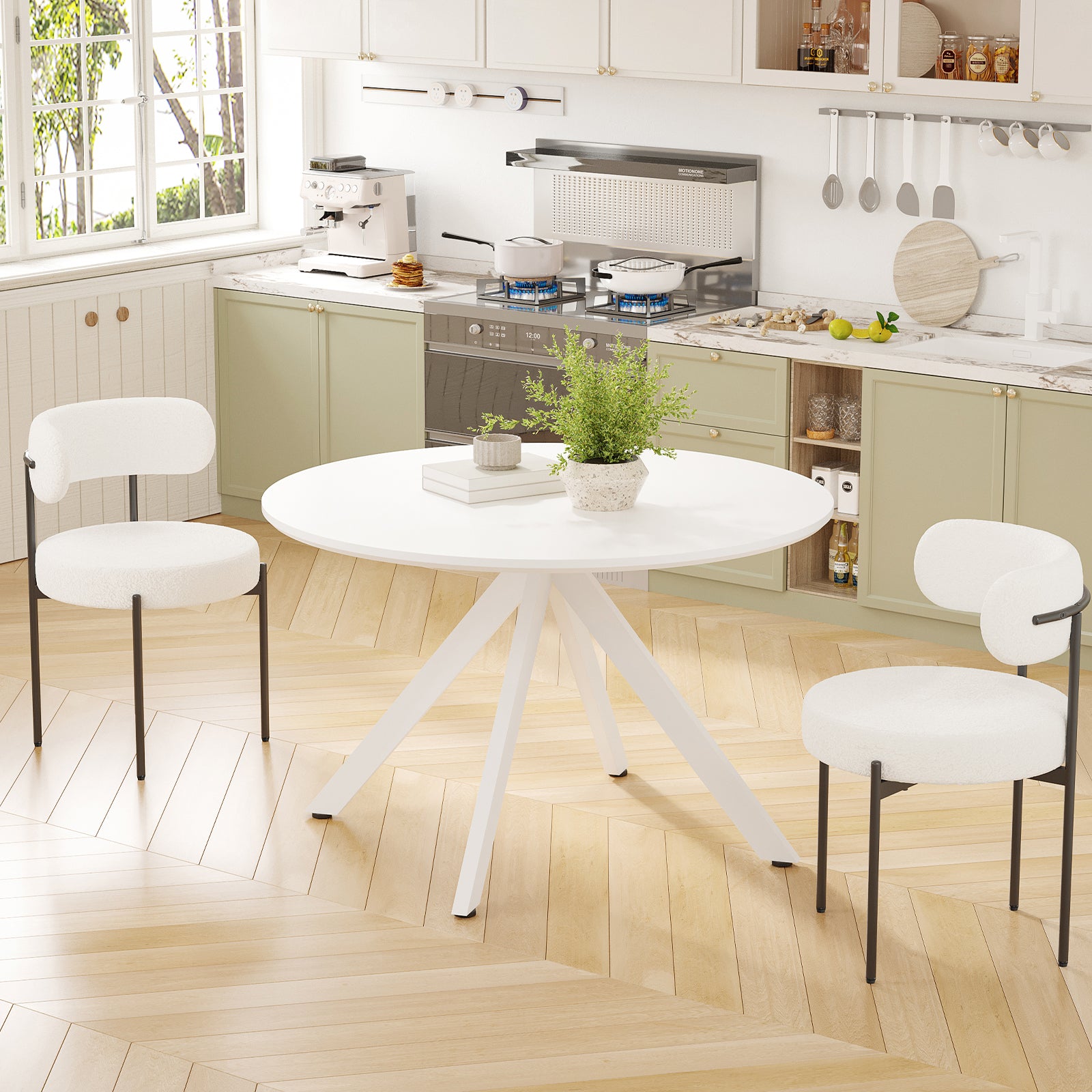 Round Solid Wood Dining Table with X-Shape Base for Kitchen Storage
