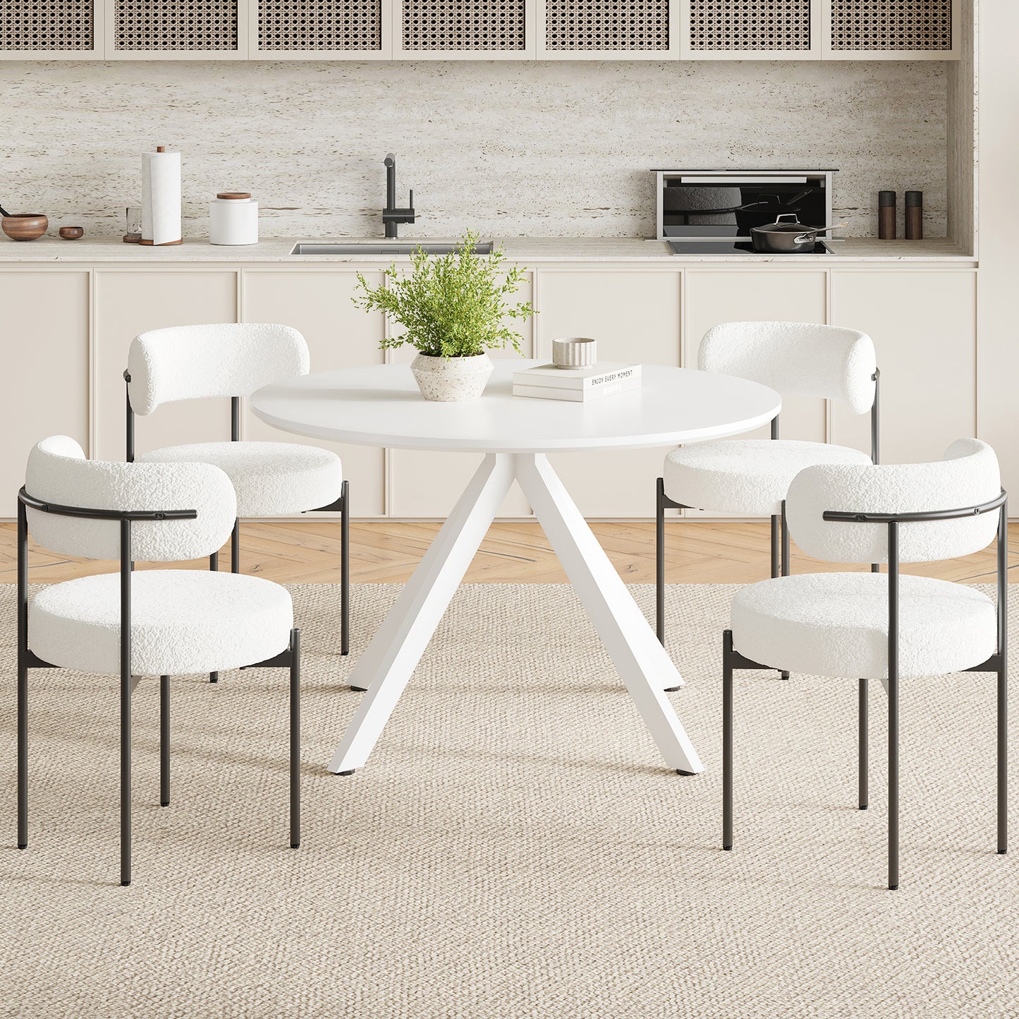 Round Solid Wood Dining Table with X-Shape Base for Kitchen Storage