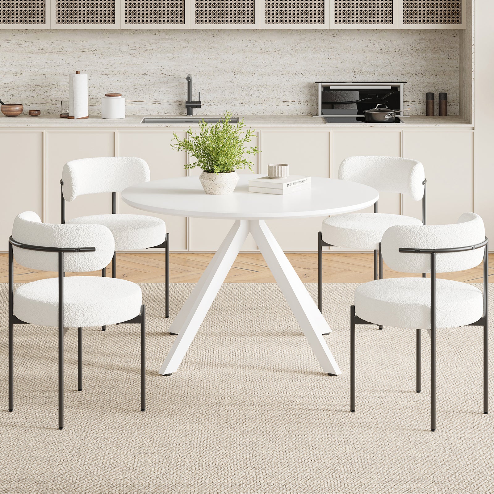 Round Solid Wood Dining Table with X-Shape Base for Kitchen Storage