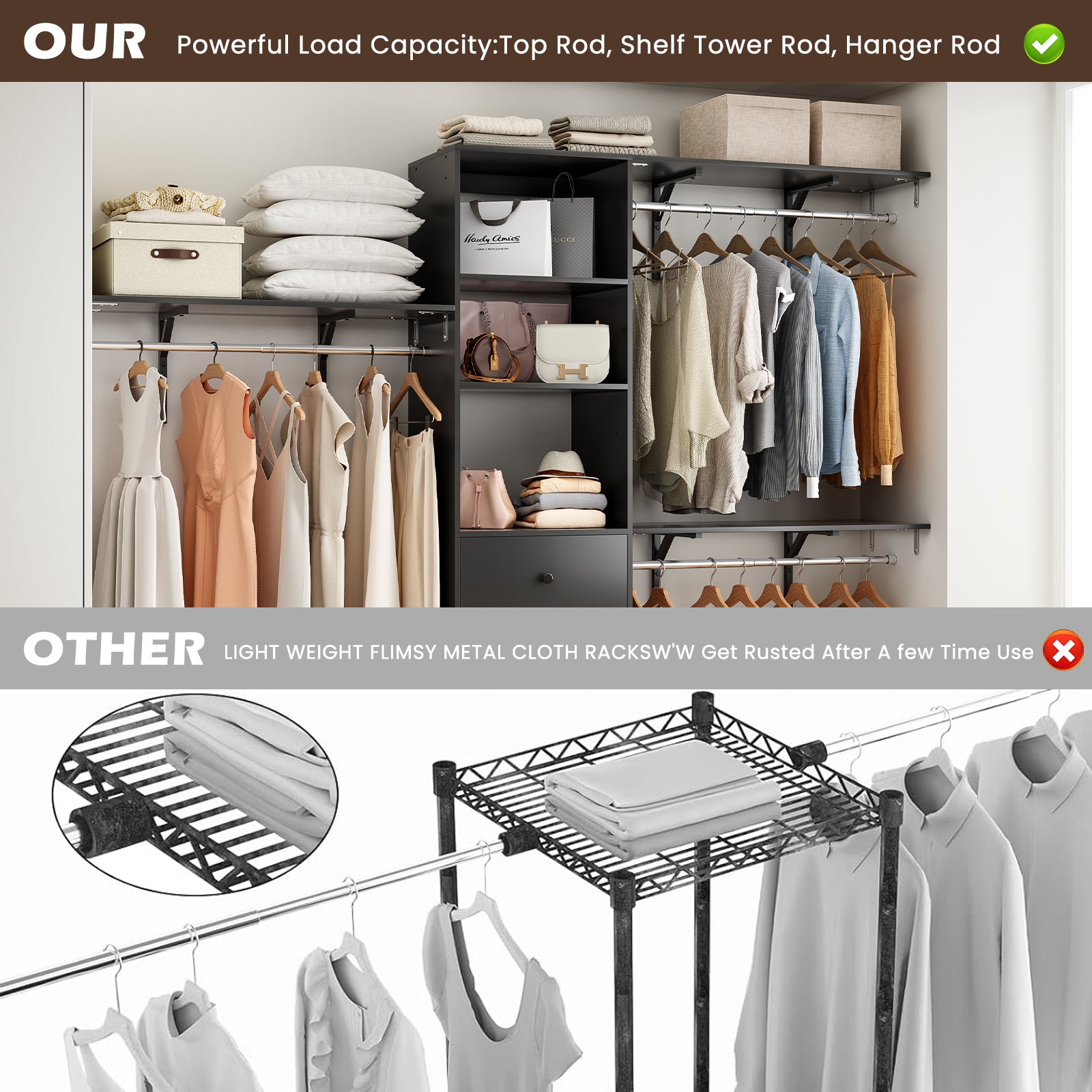 Black Metal Wood Wardrobe Rack - 96" Coat Stand with 3 Drawers