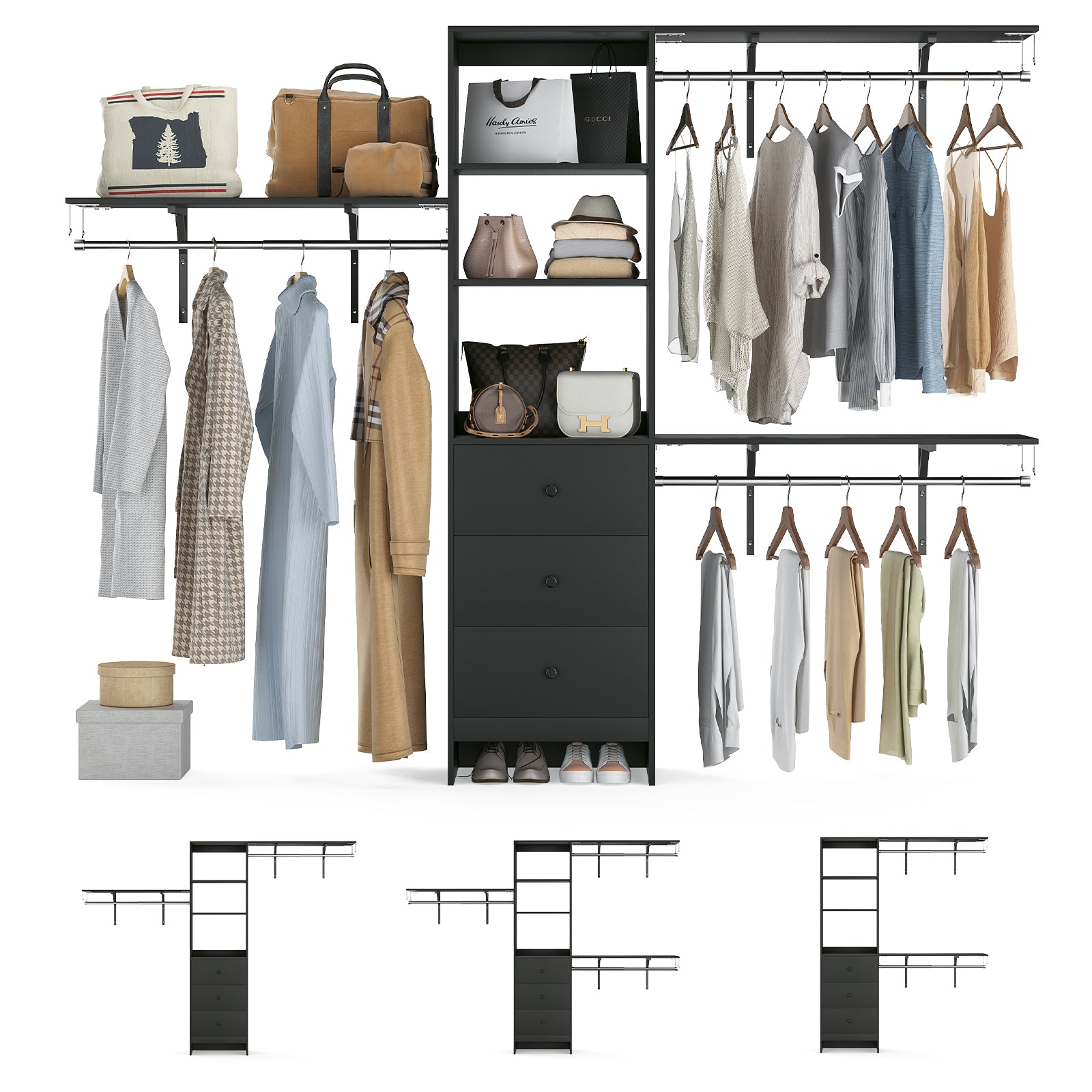 Black Metal Wood Wardrobe Rack - 96" Coat Stand with 3 Drawers