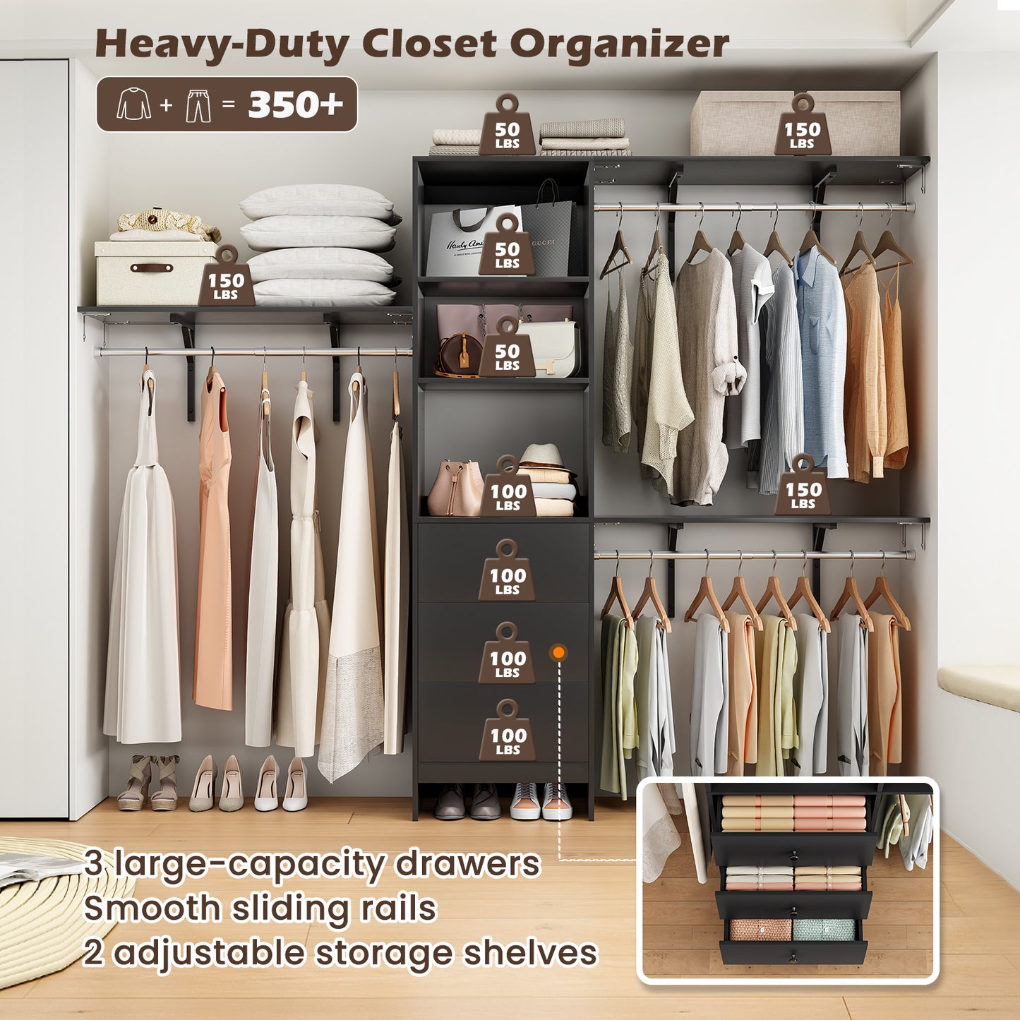 Black Metal Wood Wardrobe Rack - 96" Coat Stand with 3 Drawers
