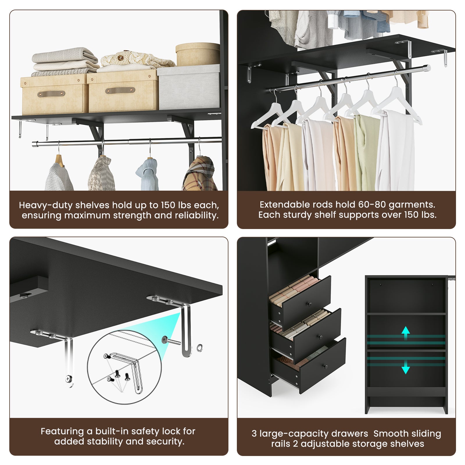 Black Metal Wood Wardrobe Rack - 96" Coat Stand with 3 Drawers