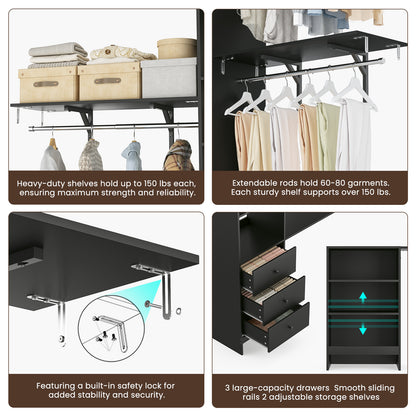 Black Metal Wood Wardrobe Rack - 96" Coat Stand with 3 Drawers