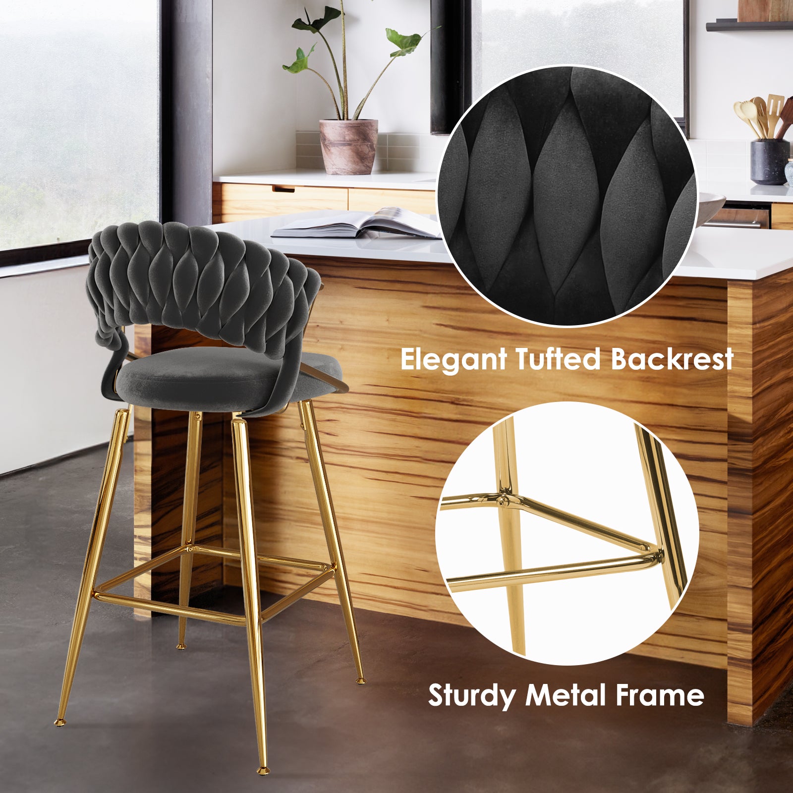 Black Velvet Bar Stools Set of 2 - Kitchen Island Seating