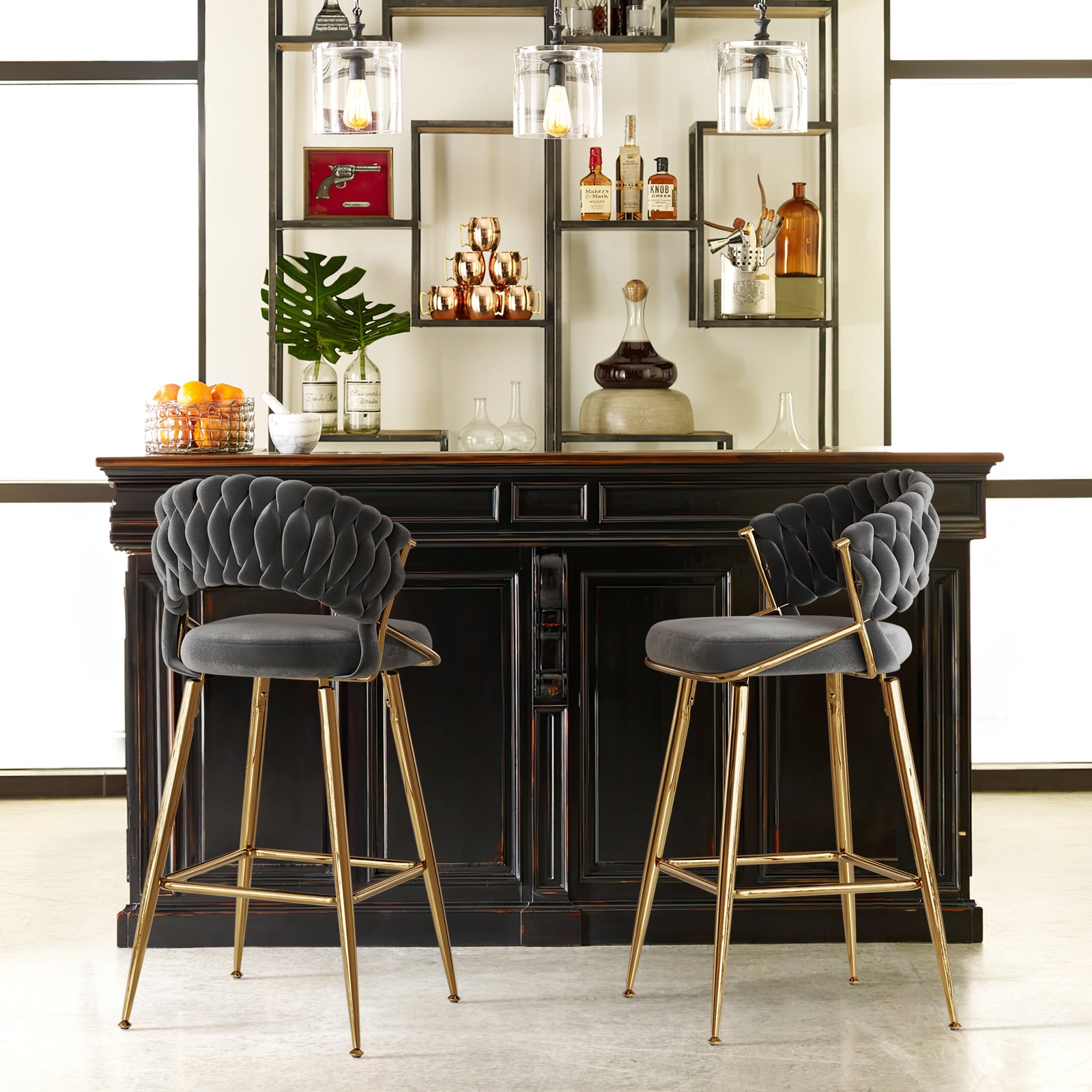 Black Velvet Bar Stools Set of 2 - Kitchen Island Seating