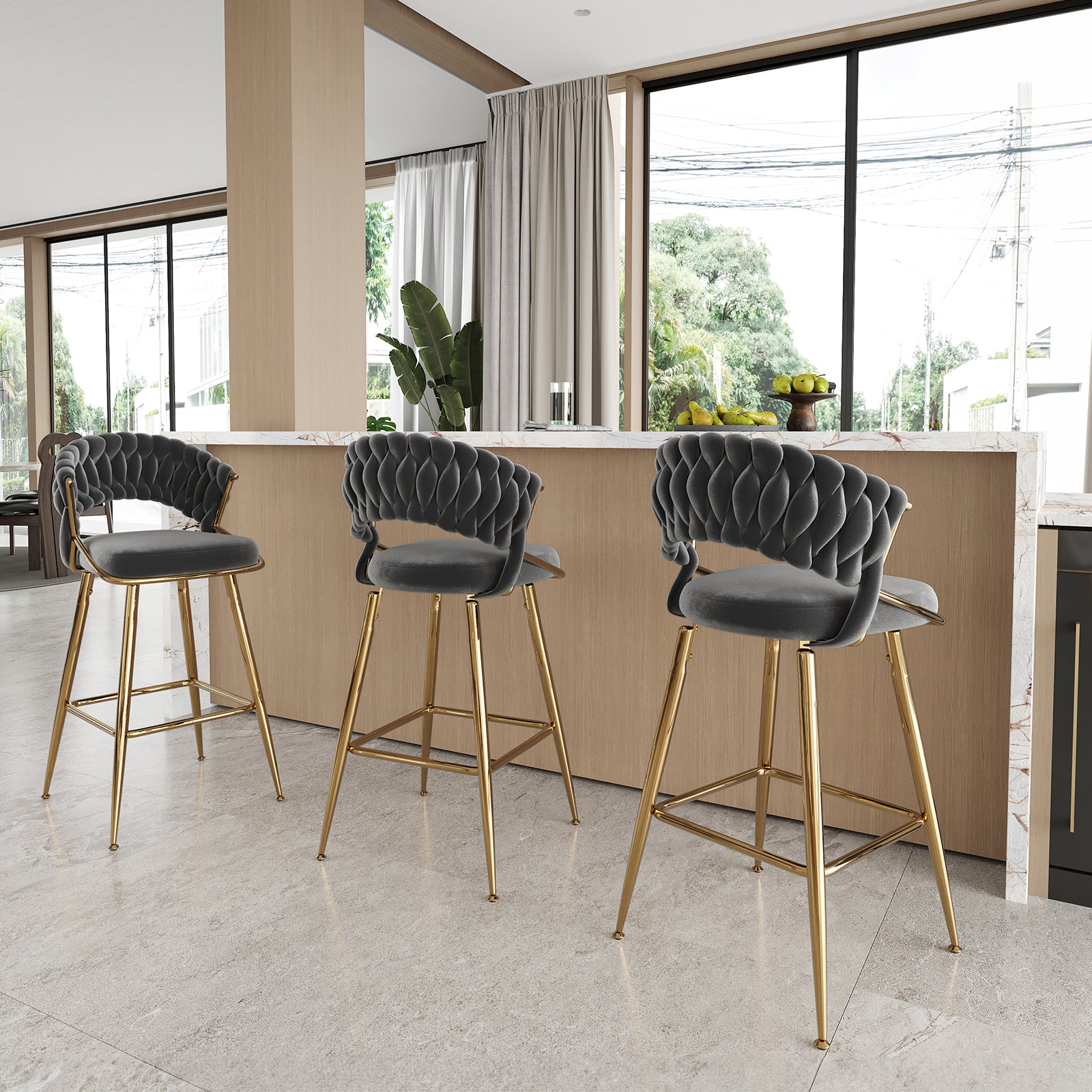 Black Velvet Bar Stools Set of 2 - Kitchen Island Seating