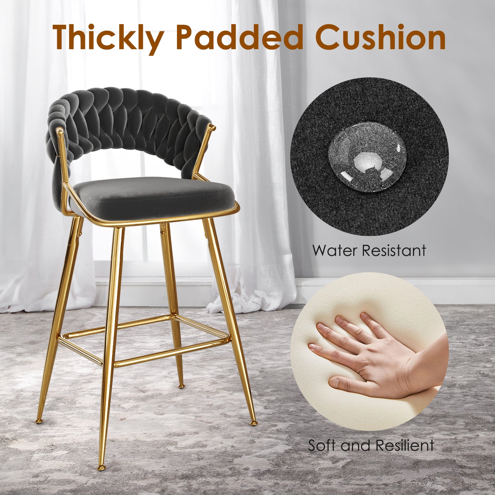 Black Velvet Bar Stools Set of 2 - Kitchen Island Seating
