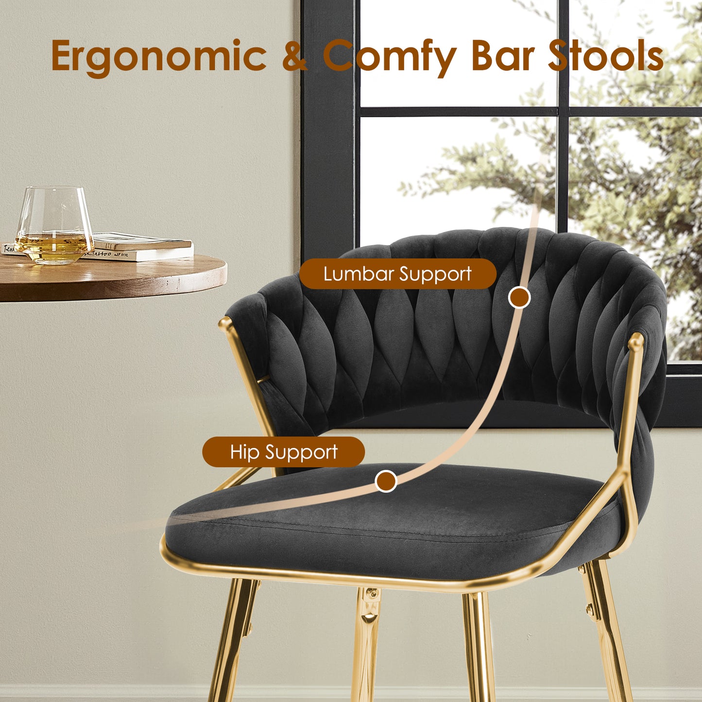 Black Velvet Bar Stools Set of 2 - Kitchen Island Seating