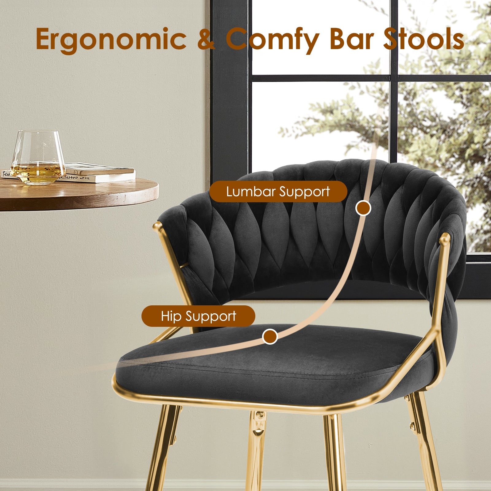 Black Velvet Bar Stools Set of 2 - Kitchen Island Seating