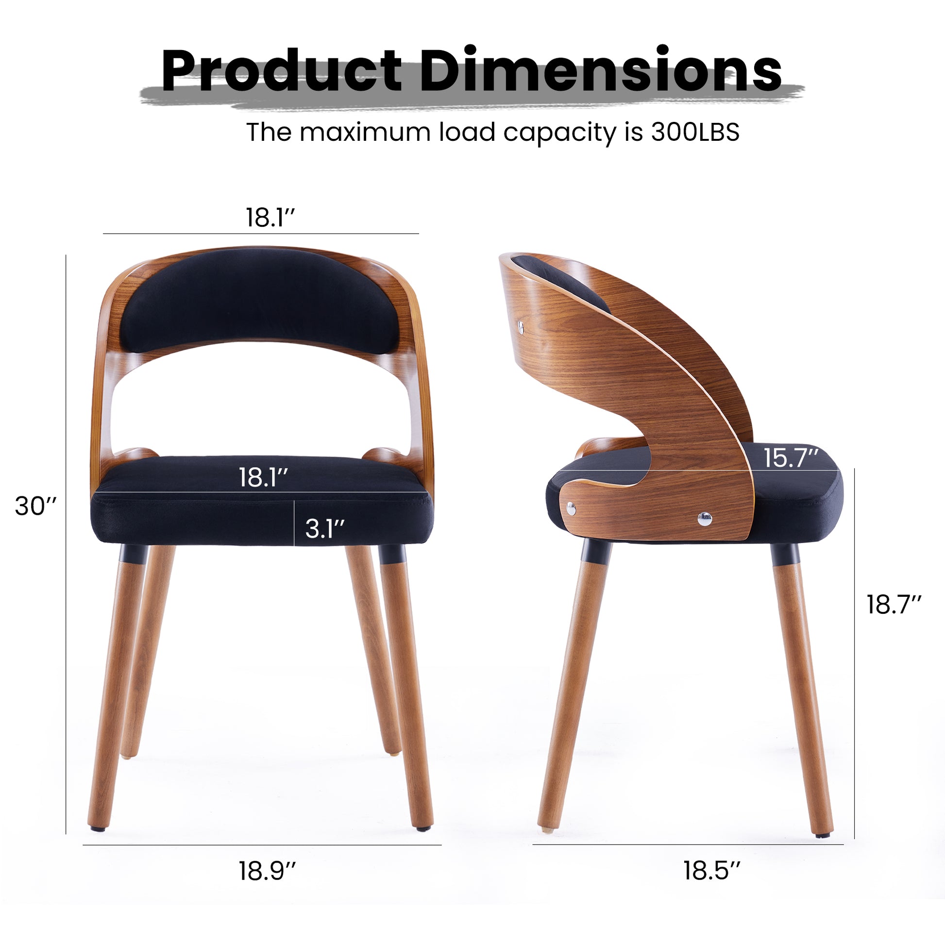Black Wood Dining Chairs Set of 2 with Curved Backrest for Kitchen