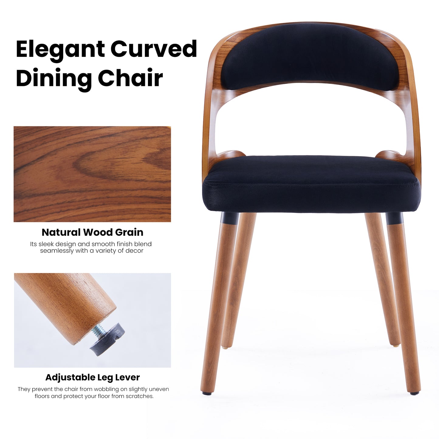 Black Wood Dining Chairs Set of 2 with Curved Backrest for Kitchen