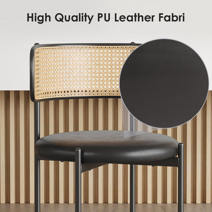 Black Dining Chairs Set of 2 - Faux Leather & Rattan