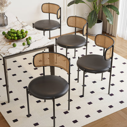 Black Dining Chairs Set of 2 - Faux Leather & Rattan