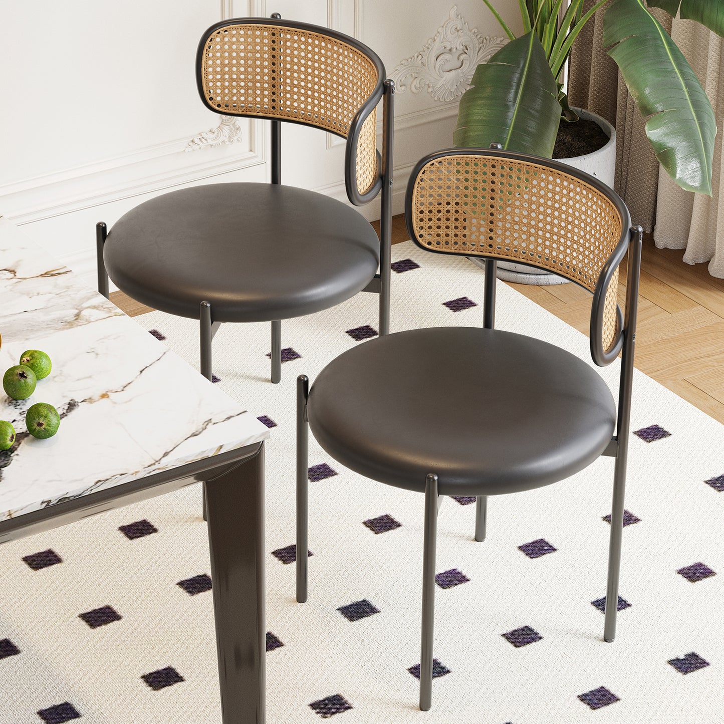 Black Dining Chairs Set of 2 - Faux Leather & Rattan