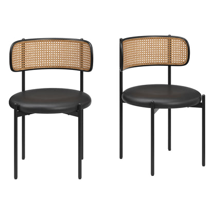 Black Dining Chairs Set of 2 - Faux Leather & Rattan