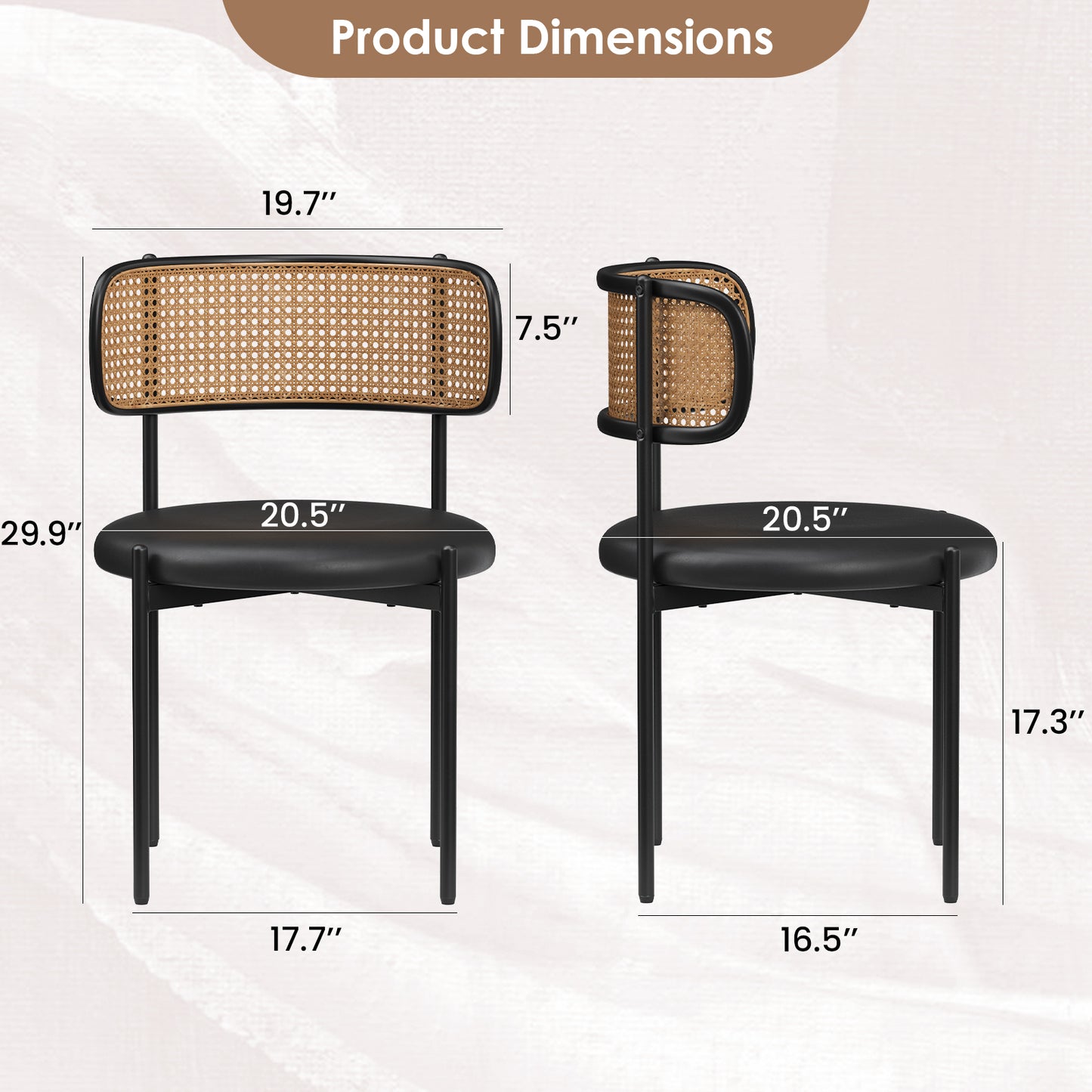 Black Dining Chairs Set of 2 - Faux Leather & Rattan