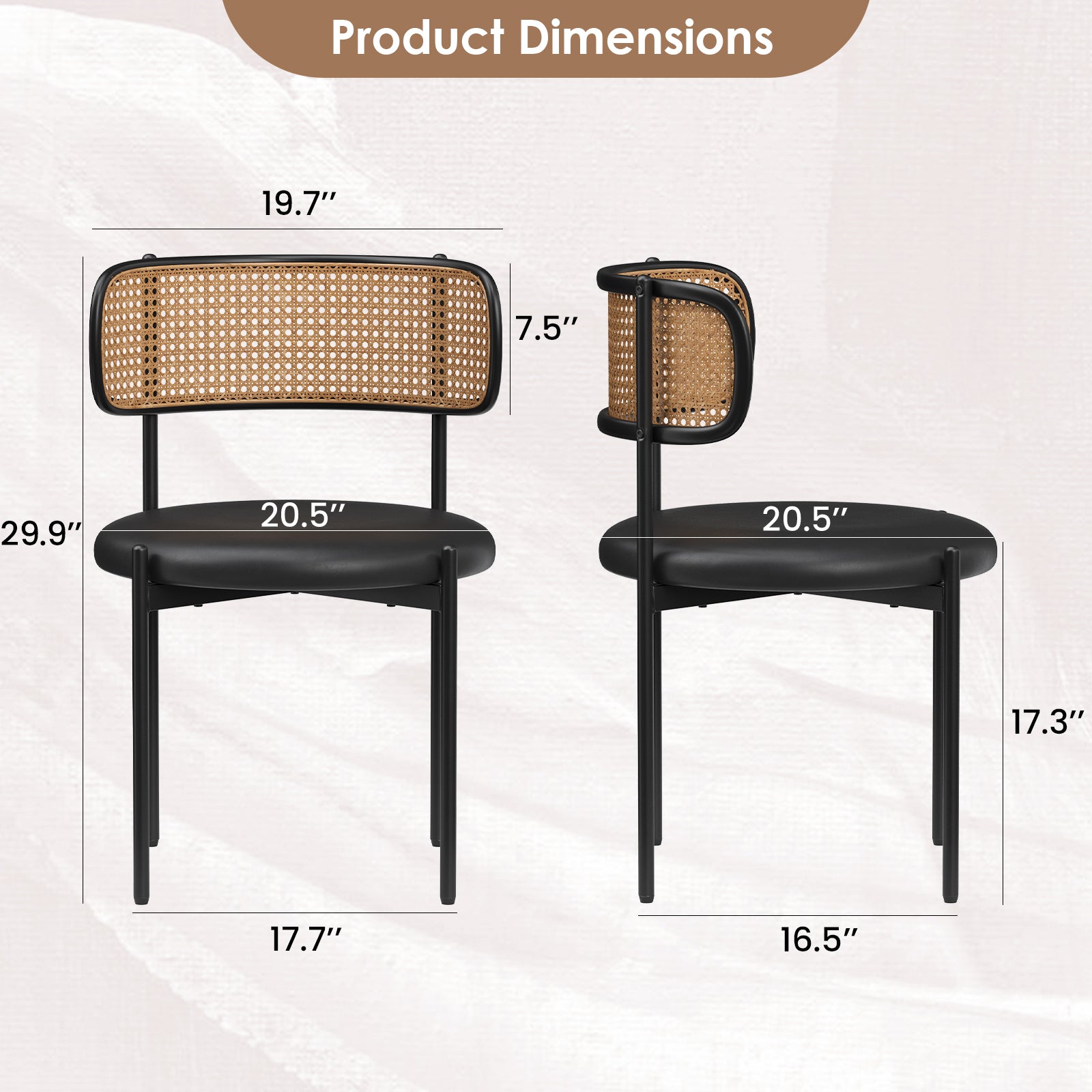 Black Dining Chairs Set of 2 - Faux Leather & Rattan