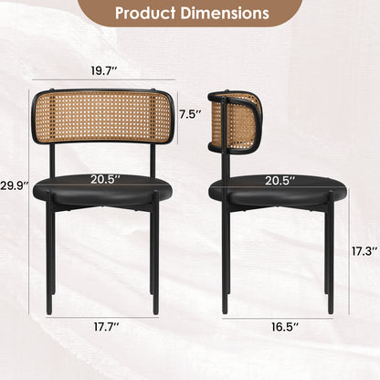 Black Dining Chairs Set of 2 - Faux Leather & Rattan