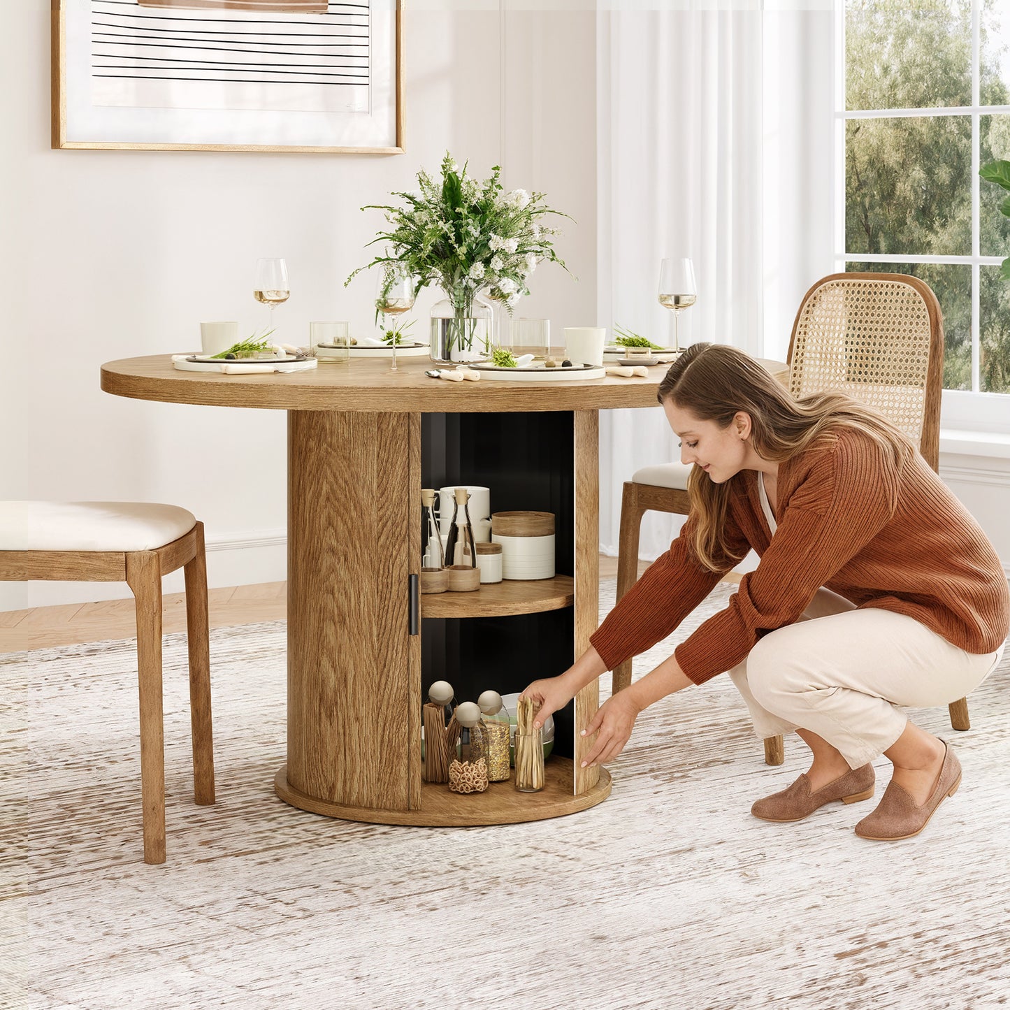 Round Walnut Dining Table, 43-inch Diameter Wood Kitchen Table for Dining Room