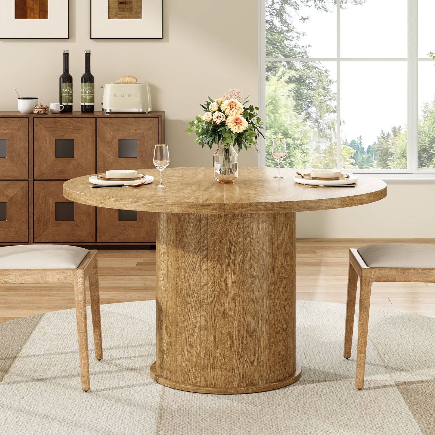 43 Inch Round Walnut Dining Table - For 4 People for Dining Room